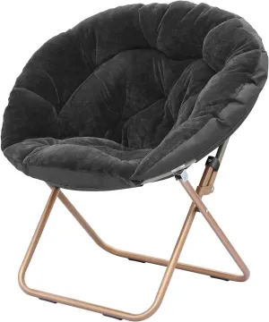 Cozy Saucer Chair, Living Room Chair, Faux Fur Soft Thick Padded Seat, Metal Frame Folding Chair, Comfortable Moon Chair for Living Room, Bedroom, Reading Nook, Modern Style, 1 Pack, Black