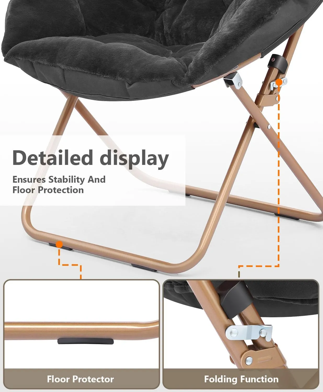 Cozy Saucer Chair, Living Room Chair, Faux Fur Soft Thick Padded Seat, Metal Frame Folding Chair, Comfortable Moon Chair for Living Room, Bedroom, Reading Nook, Modern Style, 1 Pack, Black