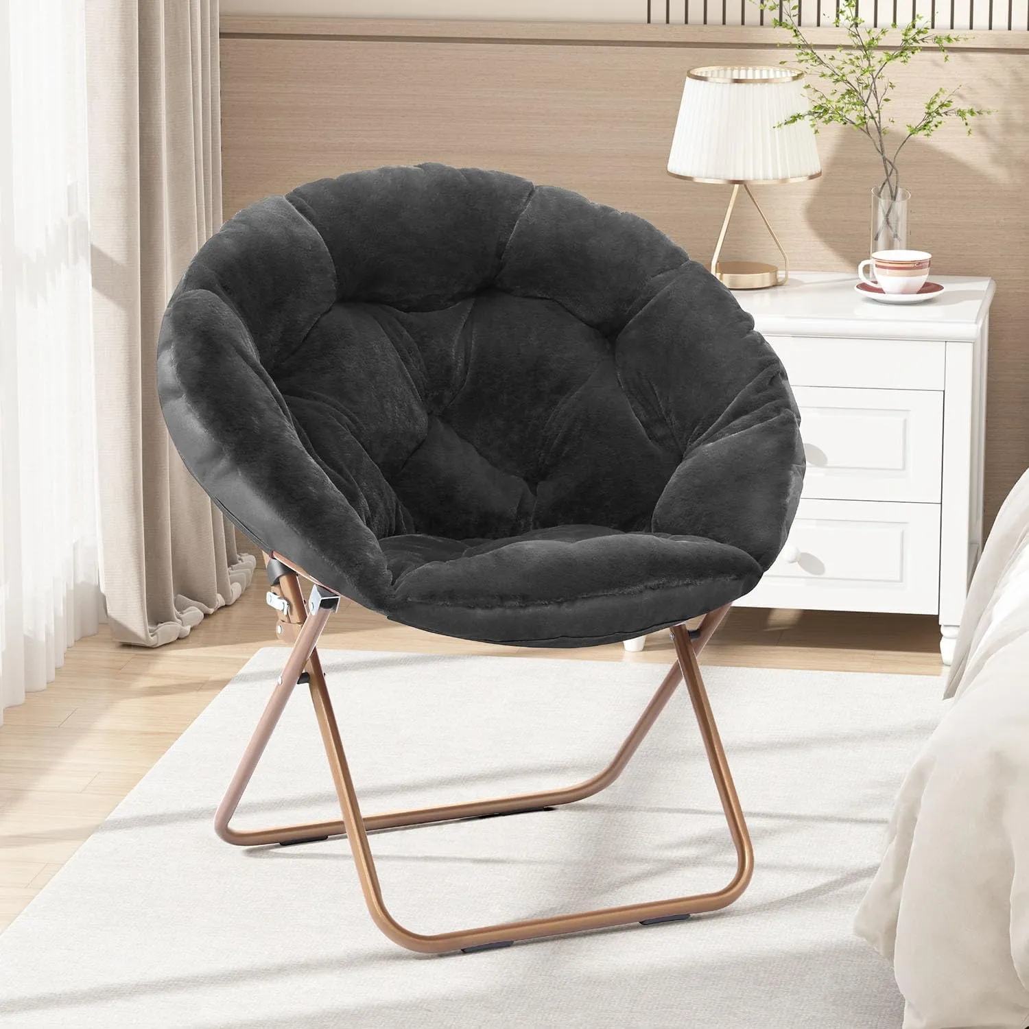 Cozy Saucer Chair, Living Room Chair, Faux Fur Soft Thick Padded Seat, Metal Frame Folding Chair, Comfortable Moon Chair for Living Room, Bedroom, Reading Nook, Modern Style, 1 Pack, Black