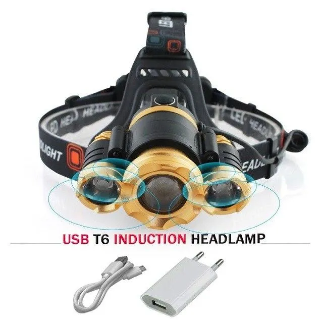 CREE 3*T6 Super Bright LED Headlamp Motion Sensor Waterproof Charging USB Lantern Headlamp 18650 Battery Fishing Camping torch