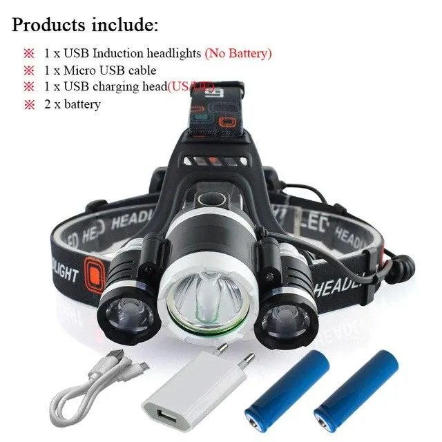 CREE 3*T6 Super Bright LED Headlamp Motion Sensor Waterproof Charging USB Lantern Headlamp 18650 Battery Fishing Camping torch