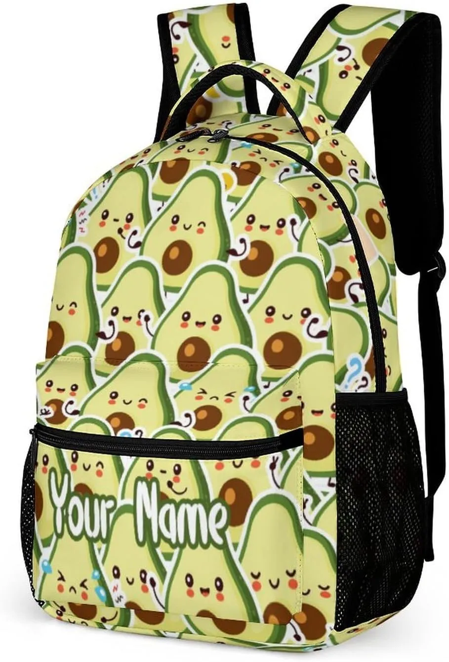 Custom Avocado School Backpack for Kids Girls Boys, 16 Inch Cute Avocado Themed Bookbag, Personalized School Backpack for Students Children, Lightweight, Large Capacity