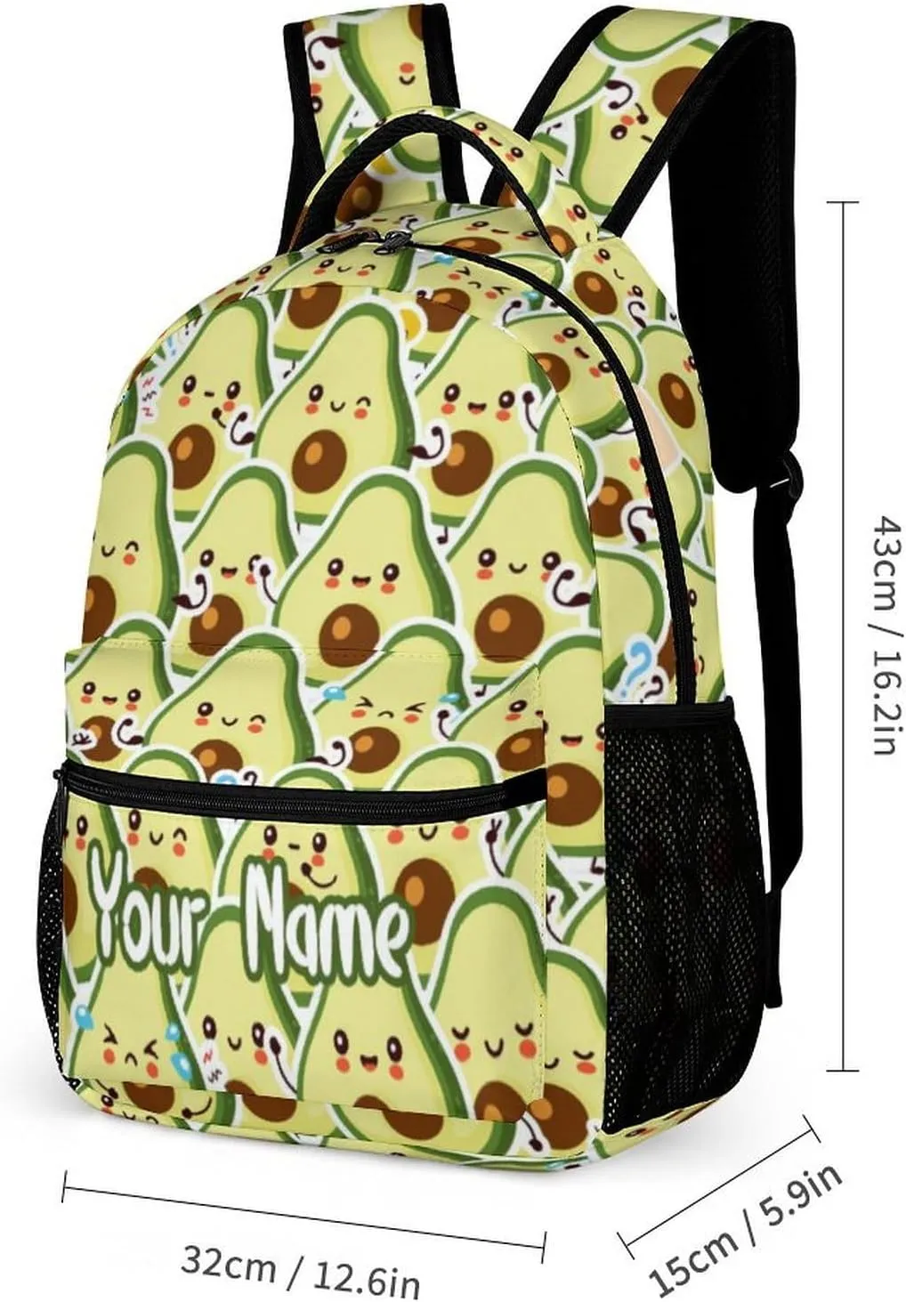 Custom Avocado School Backpack for Kids Girls Boys, 16 Inch Cute Avocado Themed Bookbag, Personalized School Backpack for Students Children, Lightweight, Large Capacity