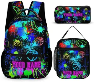 Custom Basketball Backpack with Lunch Box & Pencil Case for Kids Girls Boys School, 16 Inch Cool Basketball Bookbag, School Backpack for Students Children, sustainable, Lightweight, Large Capacity