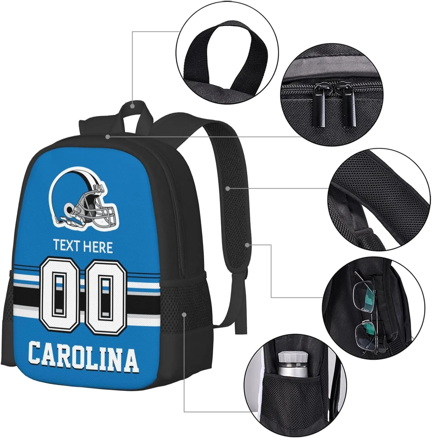 Custom Carolina Backpack, Personalized Name and Number Backpack High Capacity Custom Football Gift for Men Women Fans
