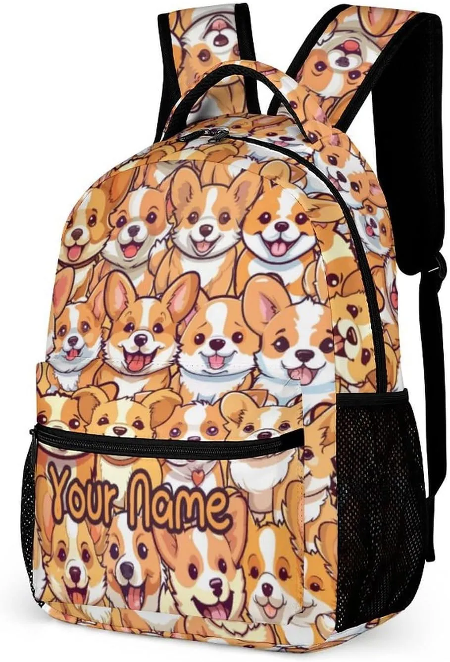 Custom Corgi Dog School Backpack for Kids Girls Boys, 16 Inch Cute Corgi Dogs Themed Bookbag, Personalized School Backpack for Students Children, Lightweight, Large Capacity