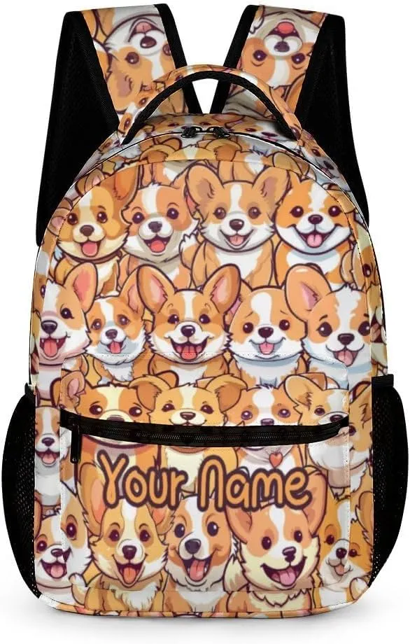 Custom Corgi Dog School Backpack for Kids Girls Boys, 16 Inch Cute Corgi Dogs Themed Bookbag, Personalized School Backpack for Students Children, Lightweight, Large Capacity