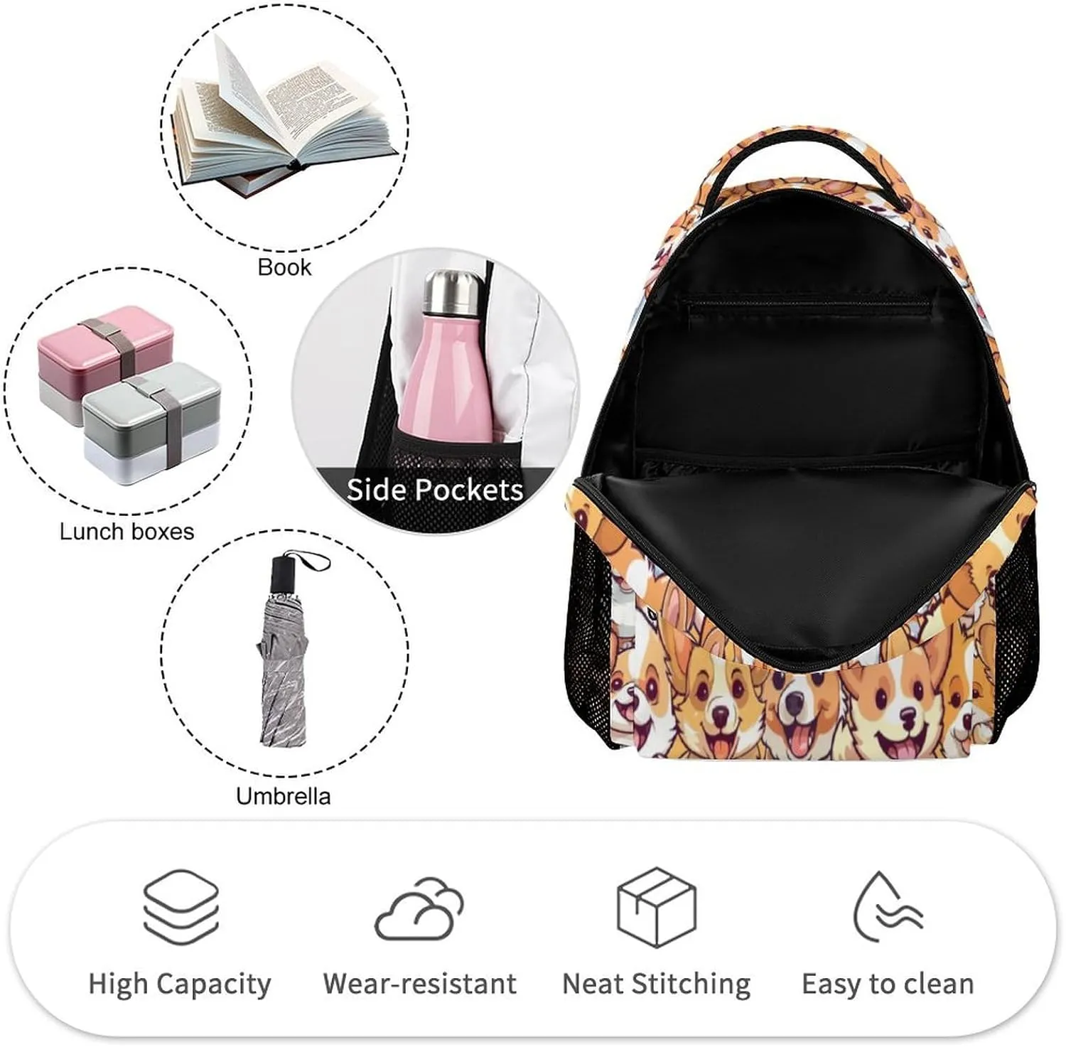 Custom Corgi Dog School Backpack for Kids Girls Boys, 16 Inch Cute Corgi Dogs Themed Bookbag, Personalized School Backpack for Students Children, Lightweight, Large Capacity
