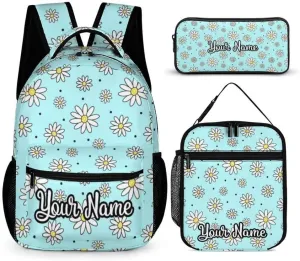 Custom Daisy Backpack with Lunch Box & Pencil Case for Kids Girls Boys School, 16 Inch Cute daisies Bookbag, School Backpack for Students Children, Lightweight, Large Capacity