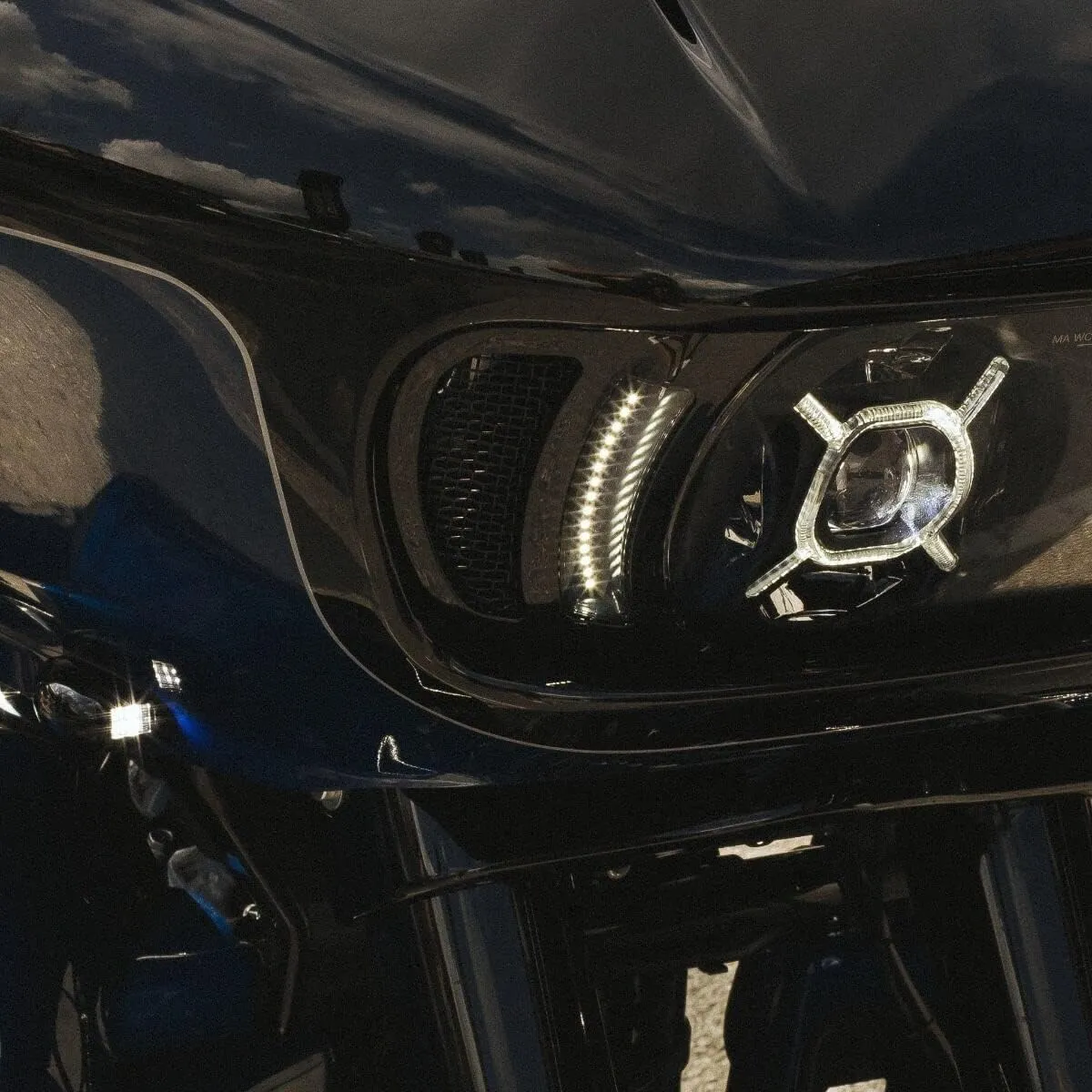 Custom Dynamics V2 Road Glide LED Vent Inserts with Auxiliary Turn Signal - Black with Black Mesh