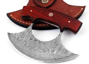 Custom Handmade Damascus Steel Ulu Knife - Best Alaskan Damascus Ulu Knife With Sheath - Multi-Purpose Damascus Knives For Skinning, Hunting, Chopping, (Red Padauk)