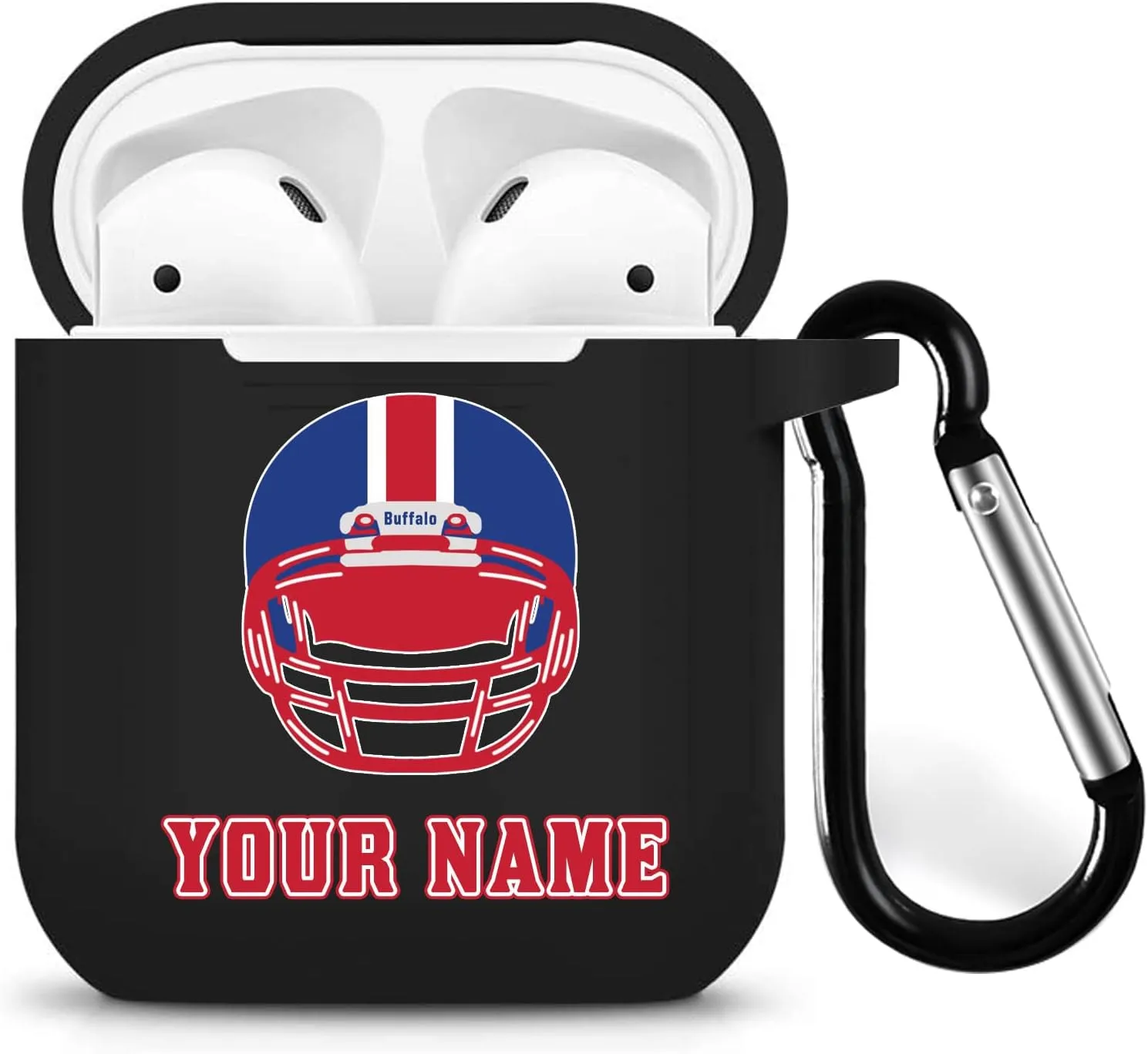 Custom Name Art Design Football Helmet Case,Compatible with Airpods 1st and 2rd Generation,Soft Silicone Protective Case with Keychain(Buffalo)