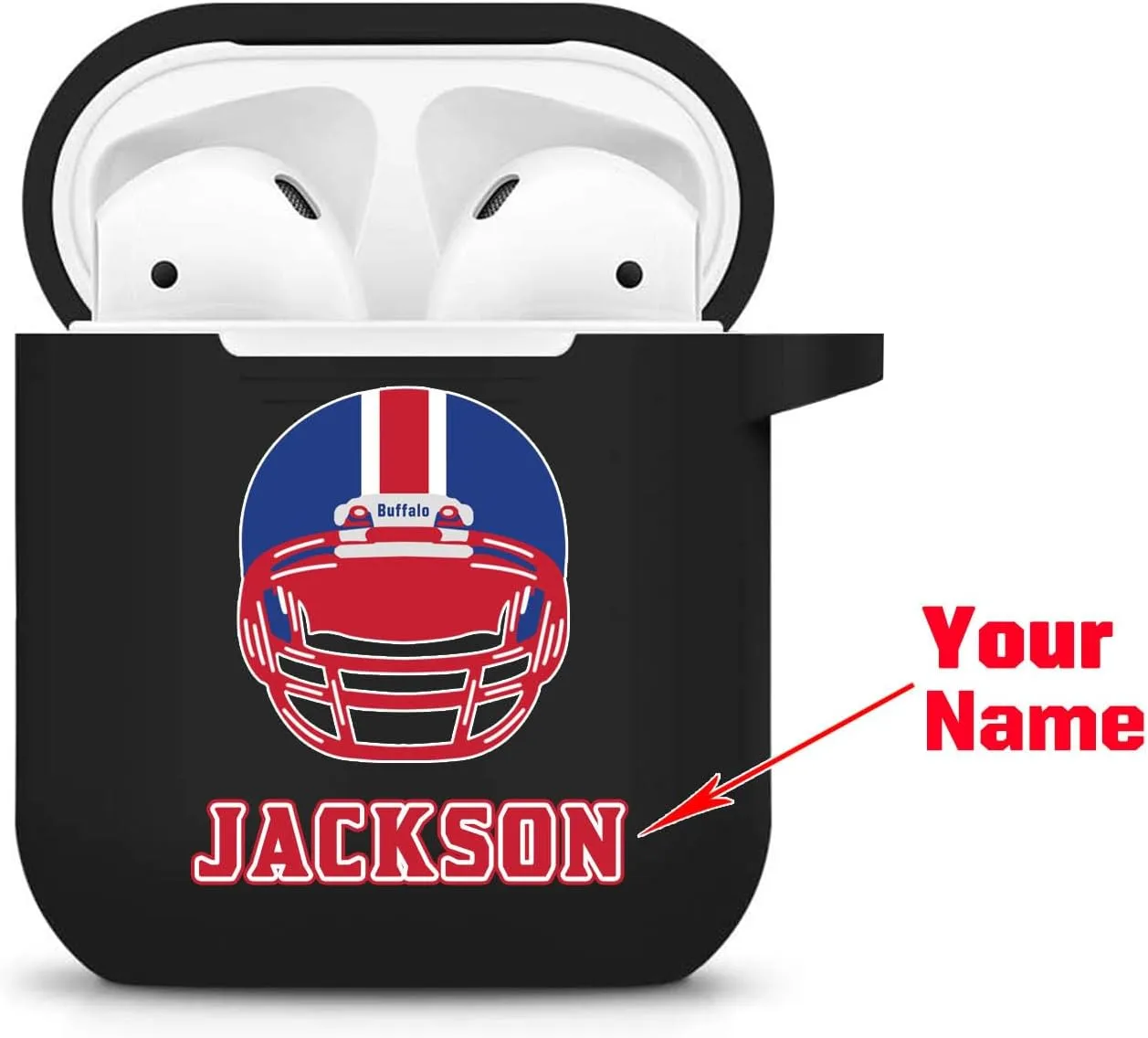 Custom Name Art Design Football Helmet Case,Compatible with Airpods 1st and 2rd Generation,Soft Silicone Protective Case with Keychain(Buffalo)