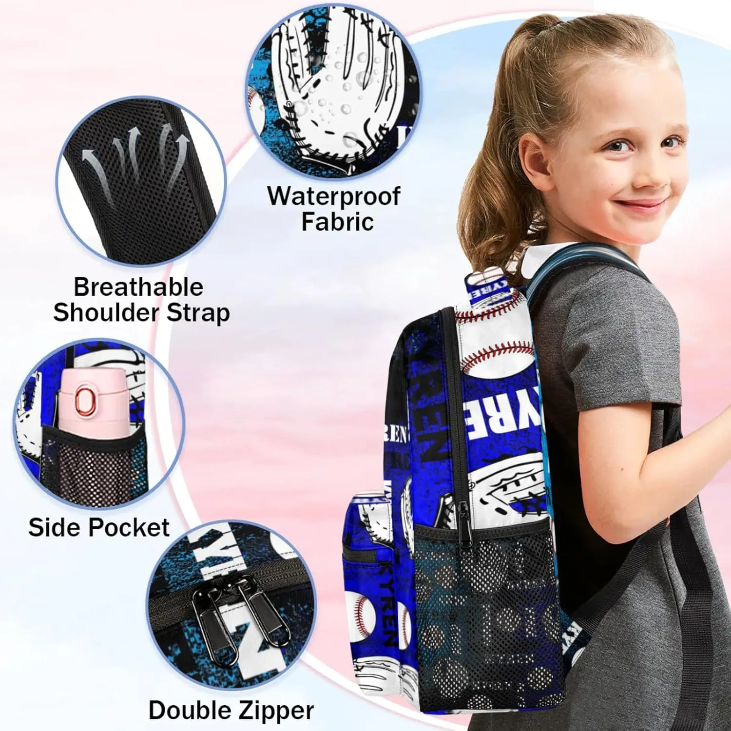 Custom Name Baseball Backpack for Men Women, Personalized Name Laptop Backpack, Sports Bag Lightweight Daypack for Travel Camping, Blue