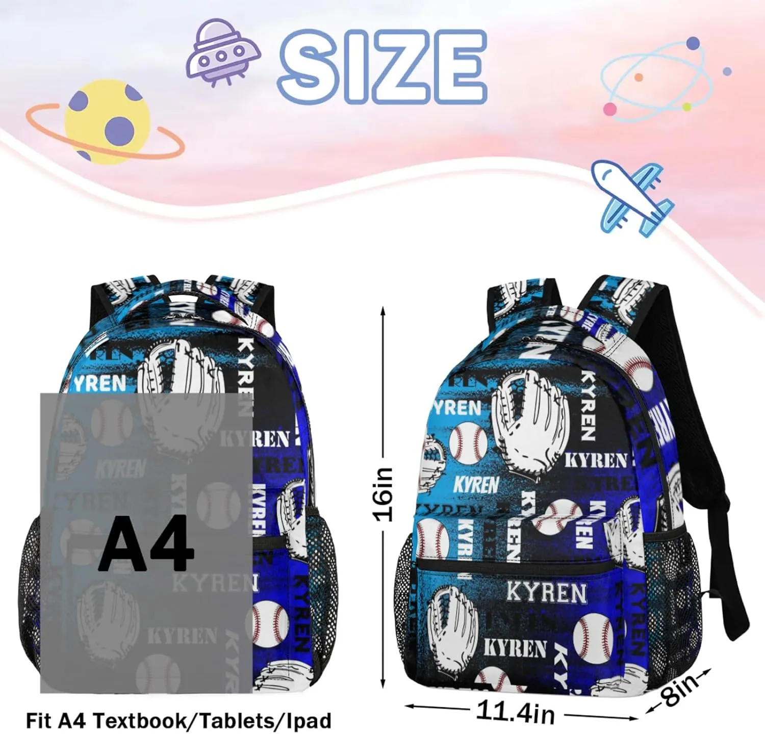 Custom Name Baseball Backpack for Men Women, Personalized Name Laptop Backpack, Sports Bag Lightweight Daypack for Travel Camping, Blue