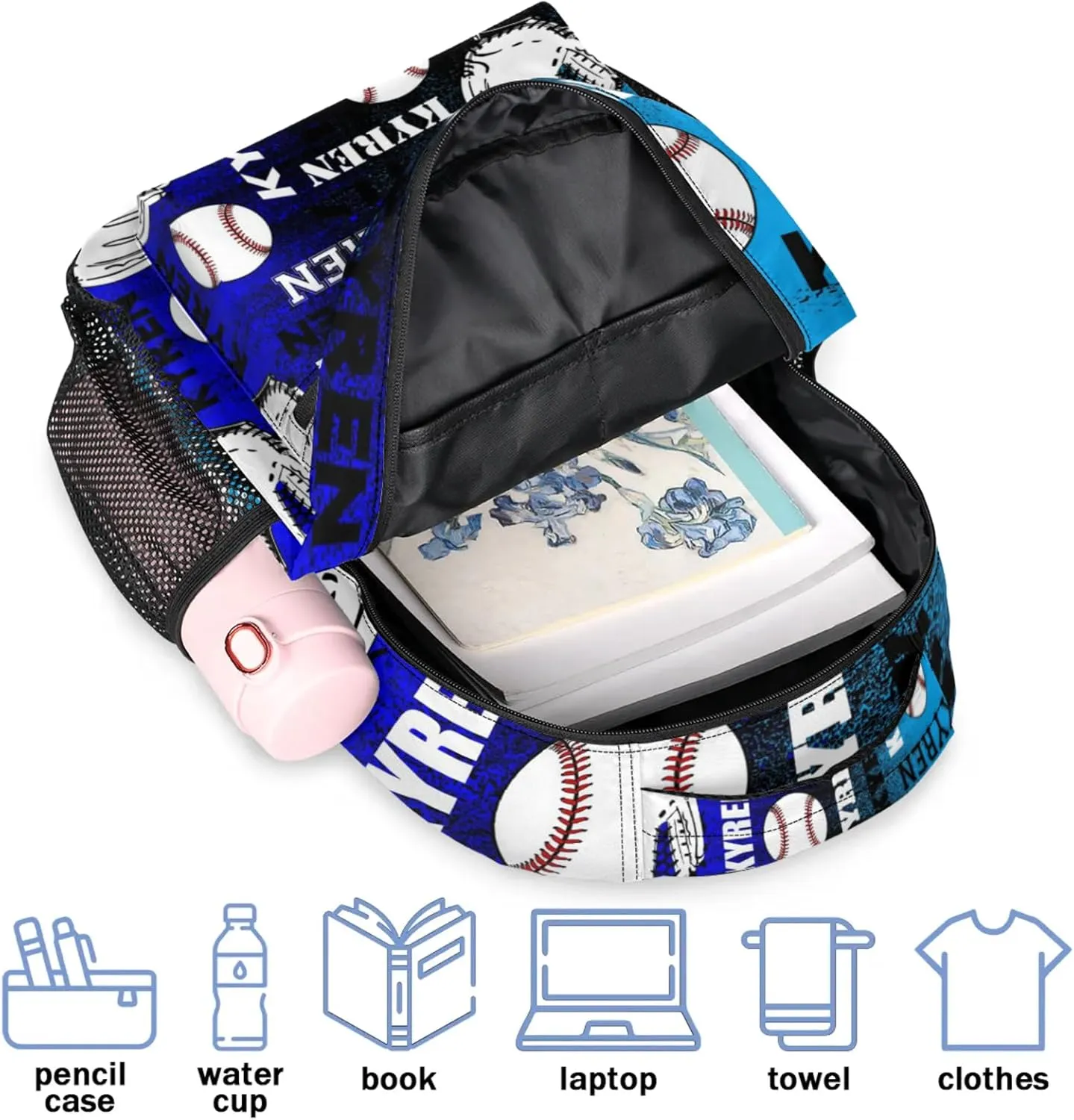 Custom Name Baseball Backpack for Men Women, Personalized Name Laptop Backpack, Sports Bag Lightweight Daypack for Travel Camping, Blue