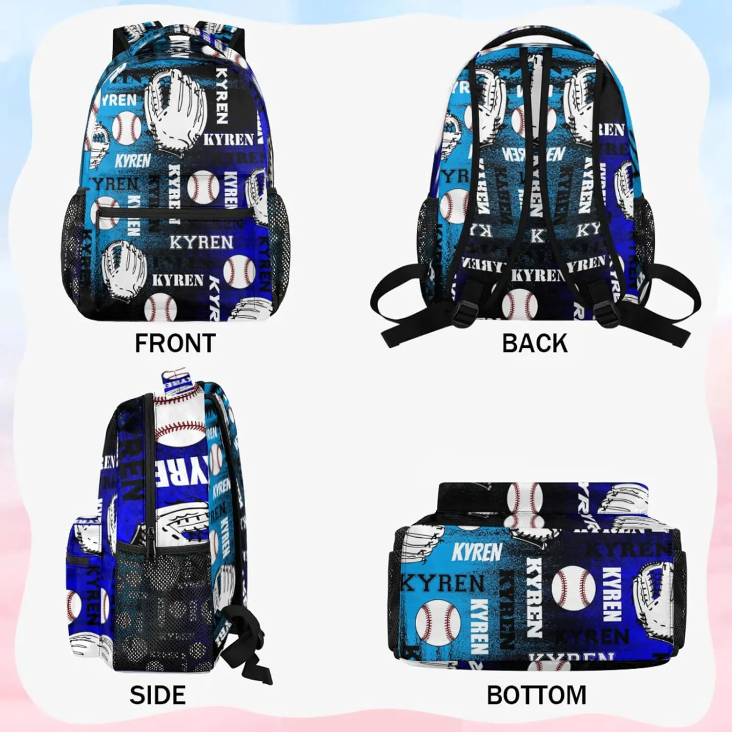 Custom Name Baseball Backpack for Men Women, Personalized Name Laptop Backpack, Sports Bag Lightweight Daypack for Travel Camping, Blue