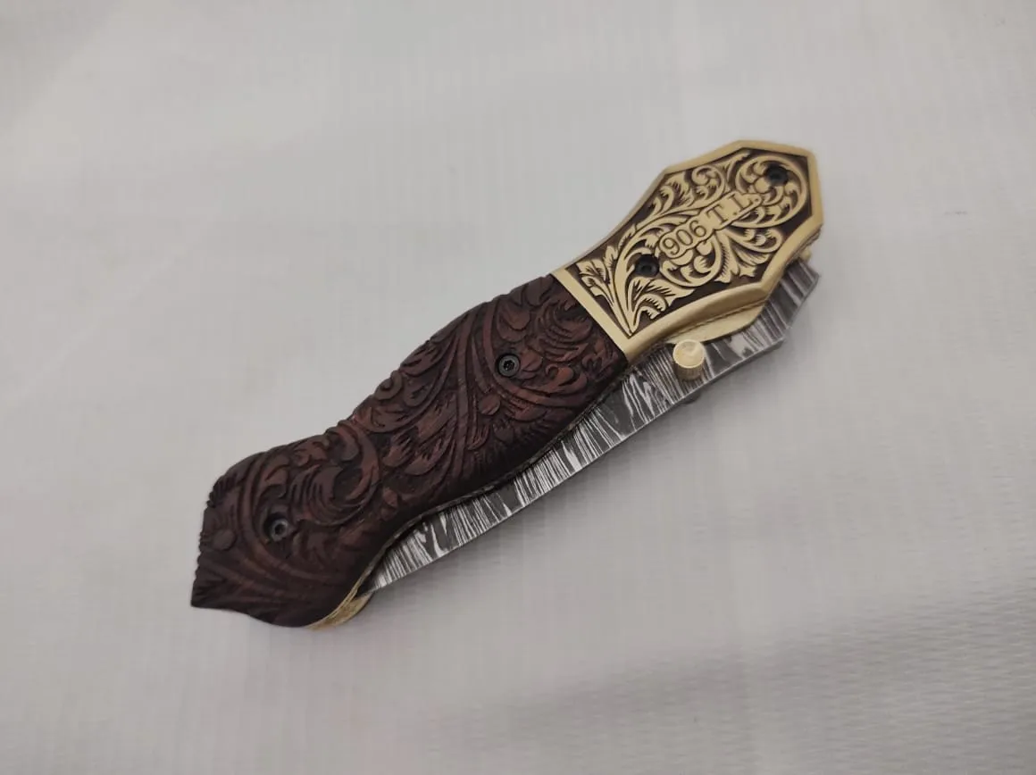 Custom Order for a Canadian Customer: Hand Engraved Brass Bolster and Walnut Burl Wood Folding Pocket Knife Dagger Custom Handcrafted Damascus Steel 7.5 inches with Leather Sheath CLKFOL1122-V2