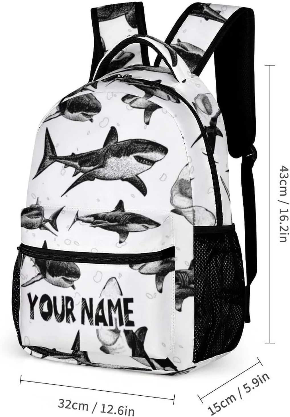 Custom Shark School Backpack for Kids Girls Boys, 16 Inch Cute Sharks Themed Bookbag, Personalized School Backpack for Students Children, Lightweight, Large Capacity