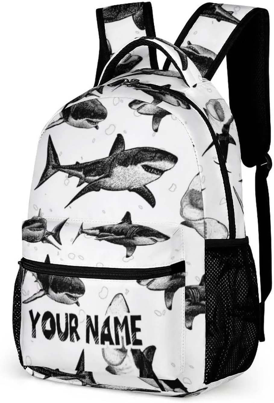Custom Shark School Backpack for Kids Girls Boys, 16 Inch Cute Sharks Themed Bookbag, Personalized School Backpack for Students Children, Lightweight, Large Capacity