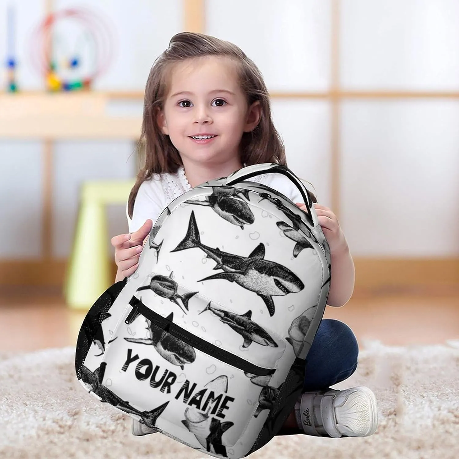 Custom Shark School Backpack for Kids Girls Boys, 16 Inch Cute Sharks Themed Bookbag, Personalized School Backpack for Students Children, Lightweight, Large Capacity