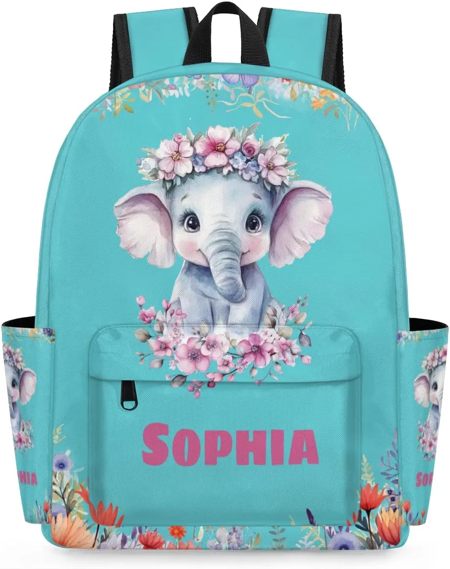 Custom Shoulder Bag with Name, Personalized Backpack Customized Casual Bag Cute Floral Elephant Dark Turquoise