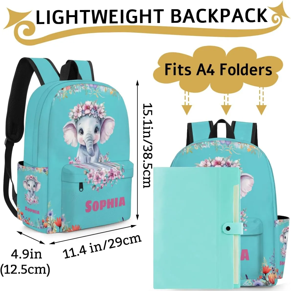 Custom Shoulder Bag with Name, Personalized Backpack Customized Casual Bag Cute Floral Elephant Dark Turquoise