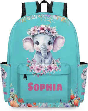 Custom Shoulder Bag with Name, Personalized Backpack Customized Casual Bag Cute Floral Elephant Dark Turquoise