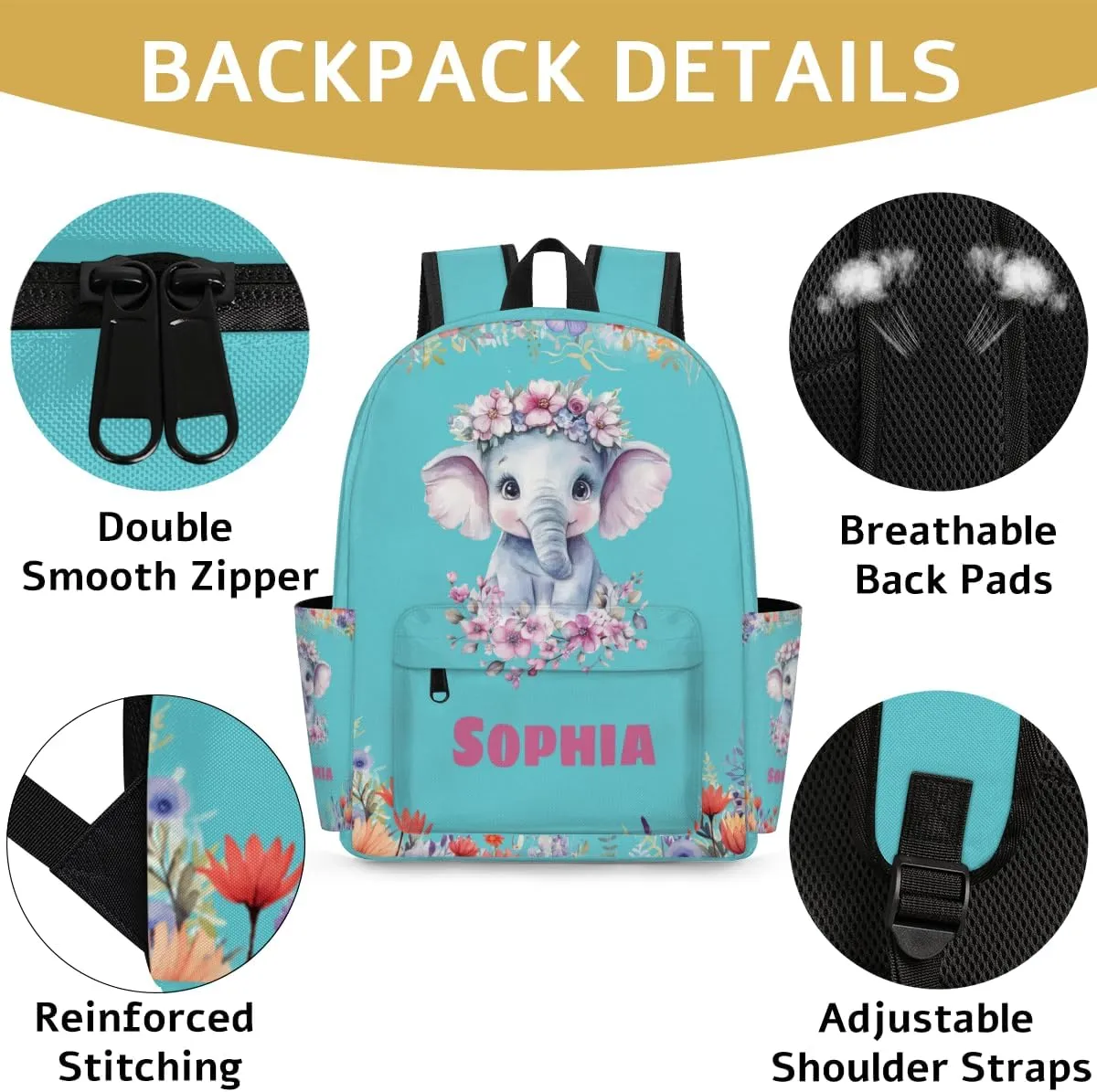 Custom Shoulder Bag with Name, Personalized Backpack Customized Casual Bag Cute Floral Elephant Dark Turquoise
