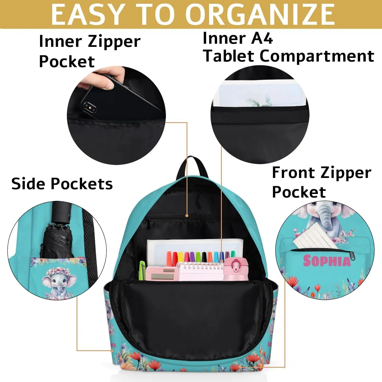 Custom Shoulder Bag with Name, Personalized Backpack Customized Casual Bag Cute Floral Elephant Dark Turquoise