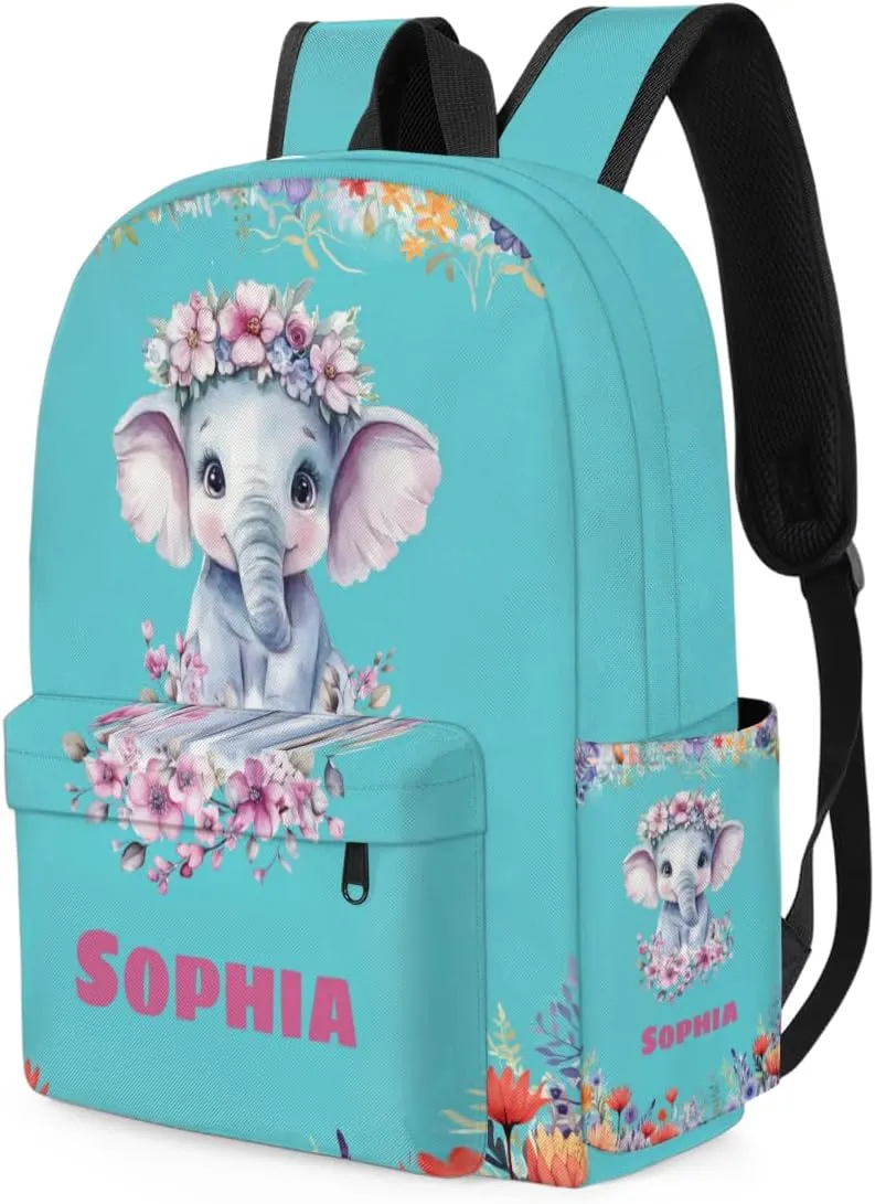 Custom Shoulder Bag with Name, Personalized Backpack Customized Casual Bag Cute Floral Elephant Dark Turquoise