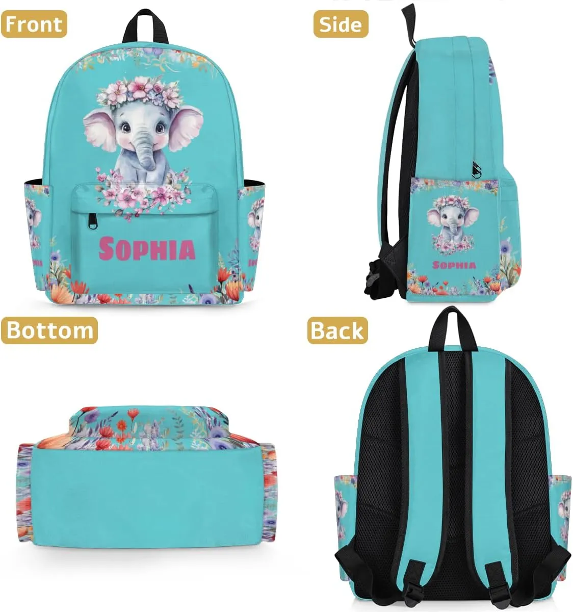 Custom Shoulder Bag with Name, Personalized Backpack Customized Casual Bag Cute Floral Elephant Dark Turquoise