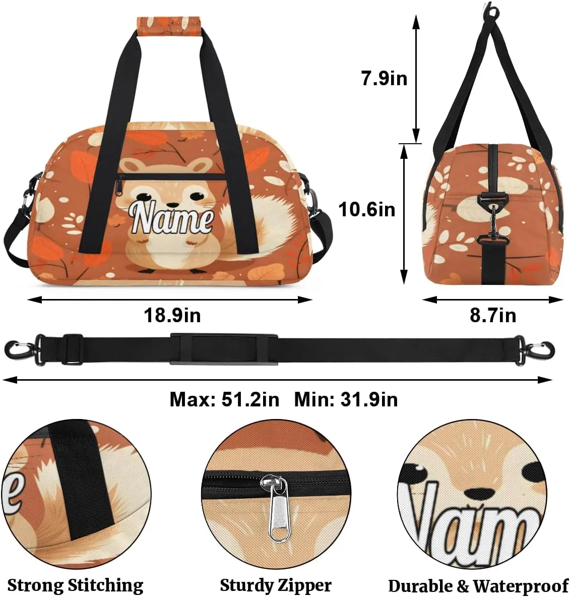 Cute Autumn Squirrel Animal Custom Name Sport Duffel Bag Dance Bag for Girls Teens Personalized Ballet Bag Gift for Birthday Christmas Helloween