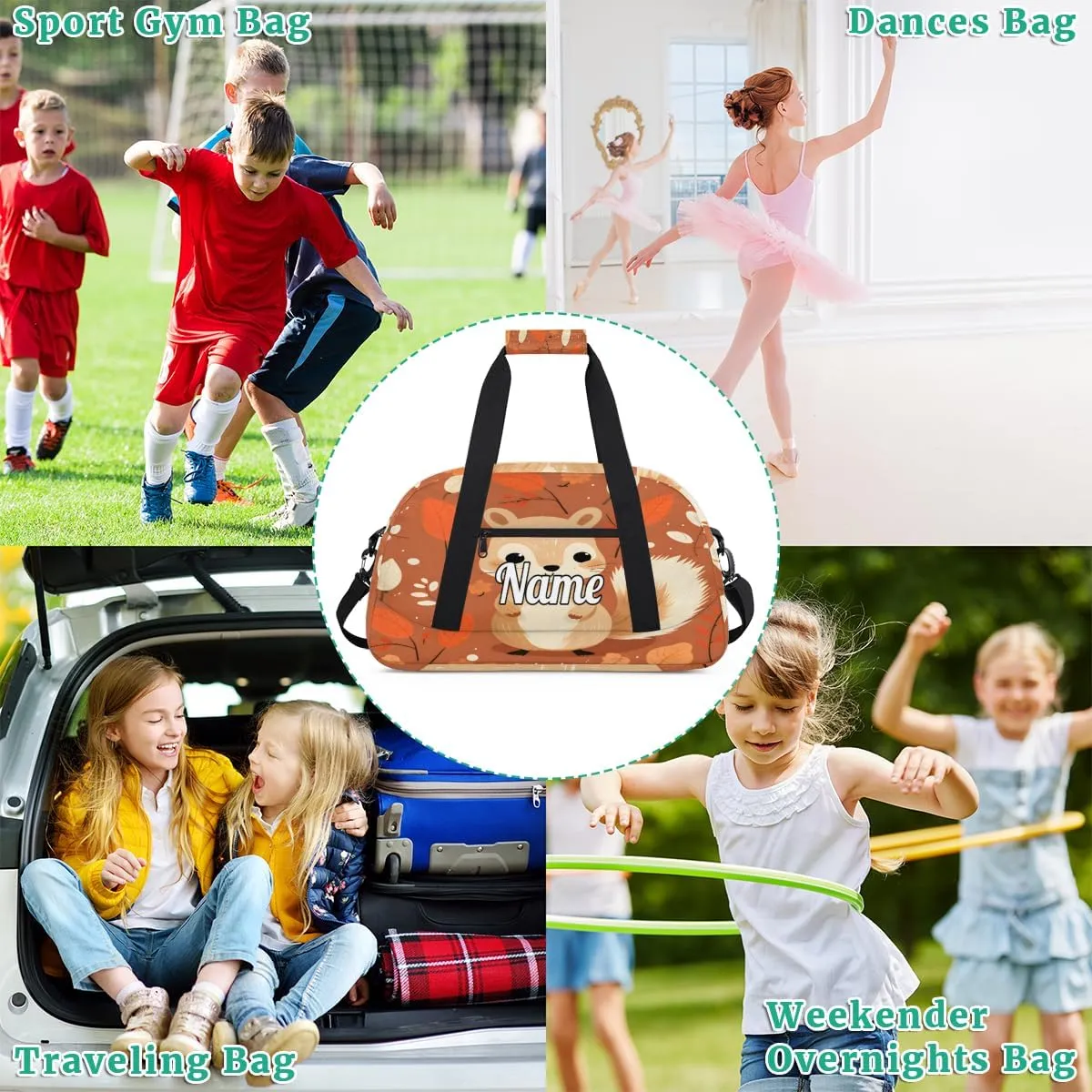 Cute Autumn Squirrel Animal Custom Name Sport Duffel Bag Dance Bag for Girls Teens Personalized Ballet Bag Gift for Birthday Christmas Helloween