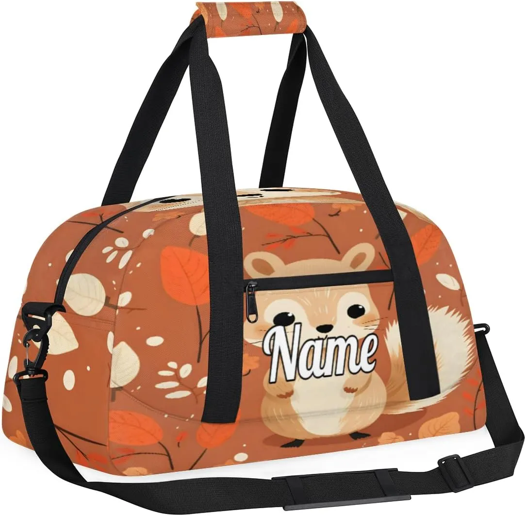 Cute Autumn Squirrel Animal Custom Name Sport Duffel Bag Dance Bag for Girls Teens Personalized Ballet Bag Gift for Birthday Christmas Helloween