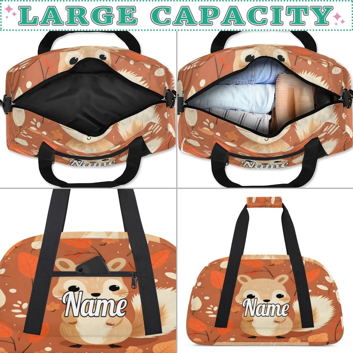 Cute Autumn Squirrel Animal Custom Name Sport Duffel Bag Dance Bag for Girls Teens Personalized Ballet Bag Gift for Birthday Christmas Helloween