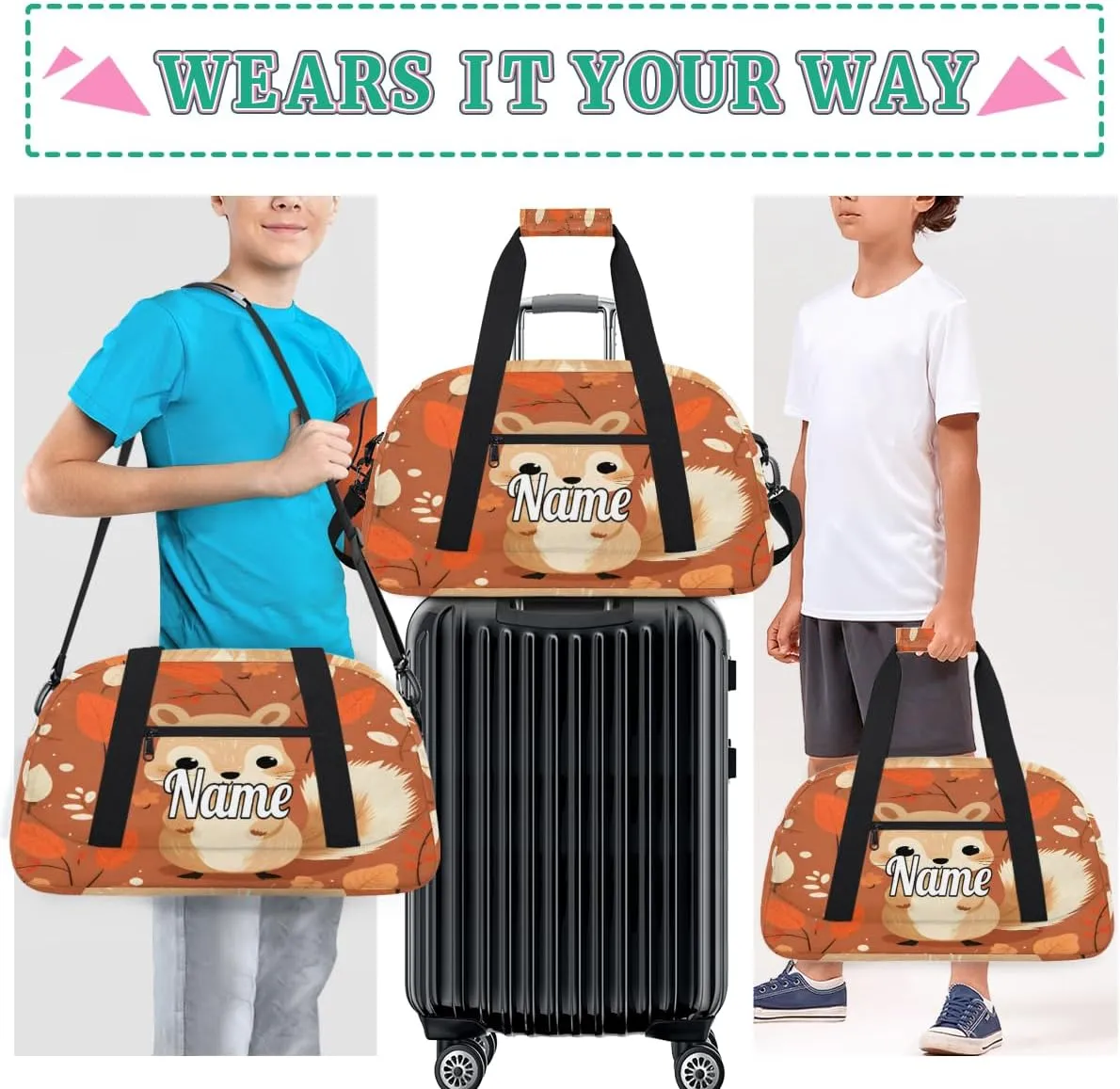 Cute Autumn Squirrel Animal Custom Name Sport Duffel Bag Dance Bag for Girls Teens Personalized Ballet Bag Gift for Birthday Christmas Helloween