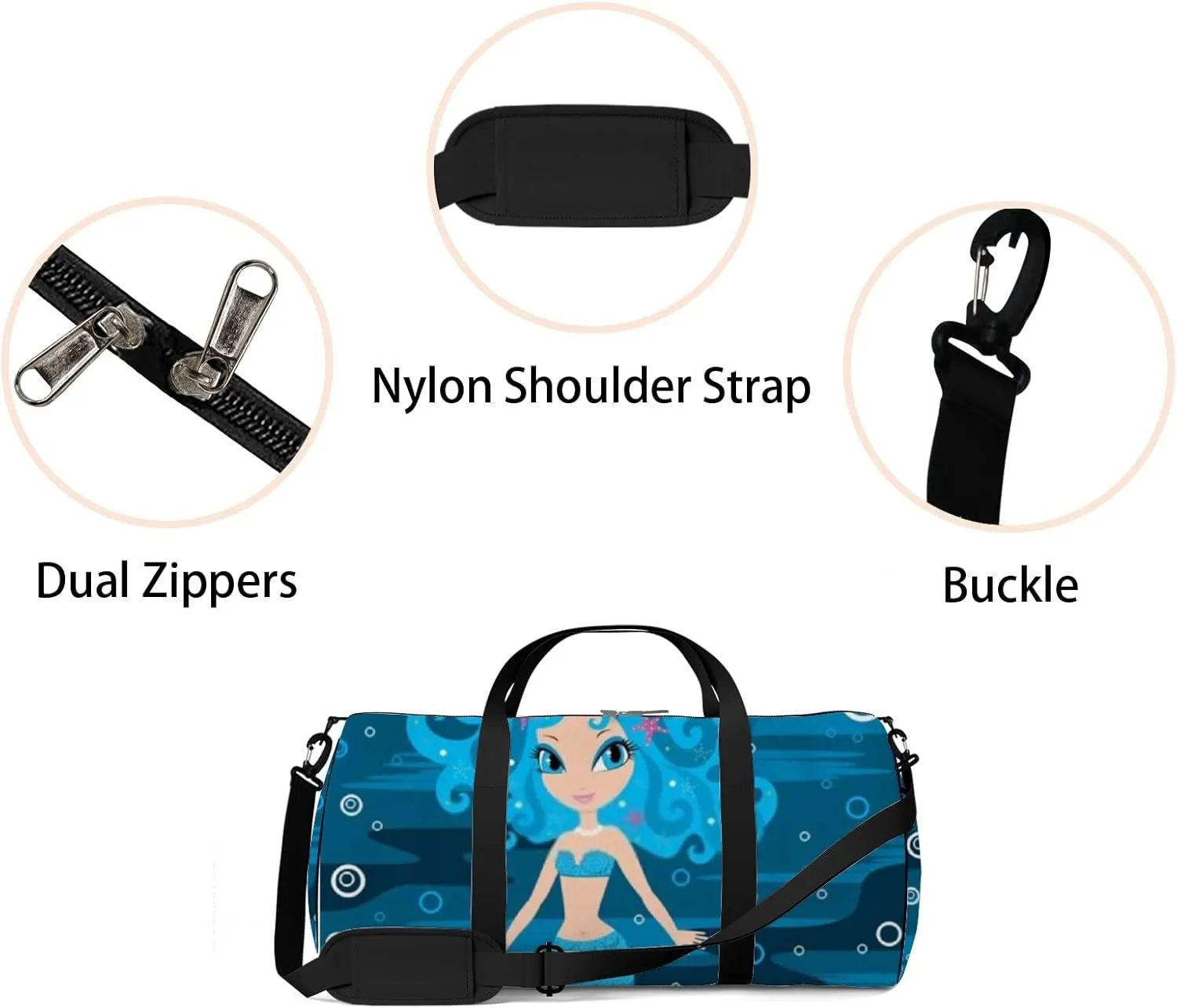 Cute Blue Cartoon Mermaid Sports Bag Tote Bag Waterproof Gym Bag with Shoulder Strap Zipper 2 Side Pockets for Men and Women, Travel and Storage Shoulder Bag.