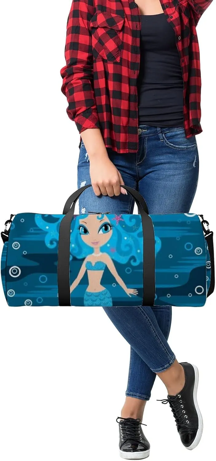 Cute Blue Cartoon Mermaid Sports Bag Tote Bag Waterproof Gym Bag with Shoulder Strap Zipper 2 Side Pockets for Men and Women, Travel and Storage Shoulder Bag.