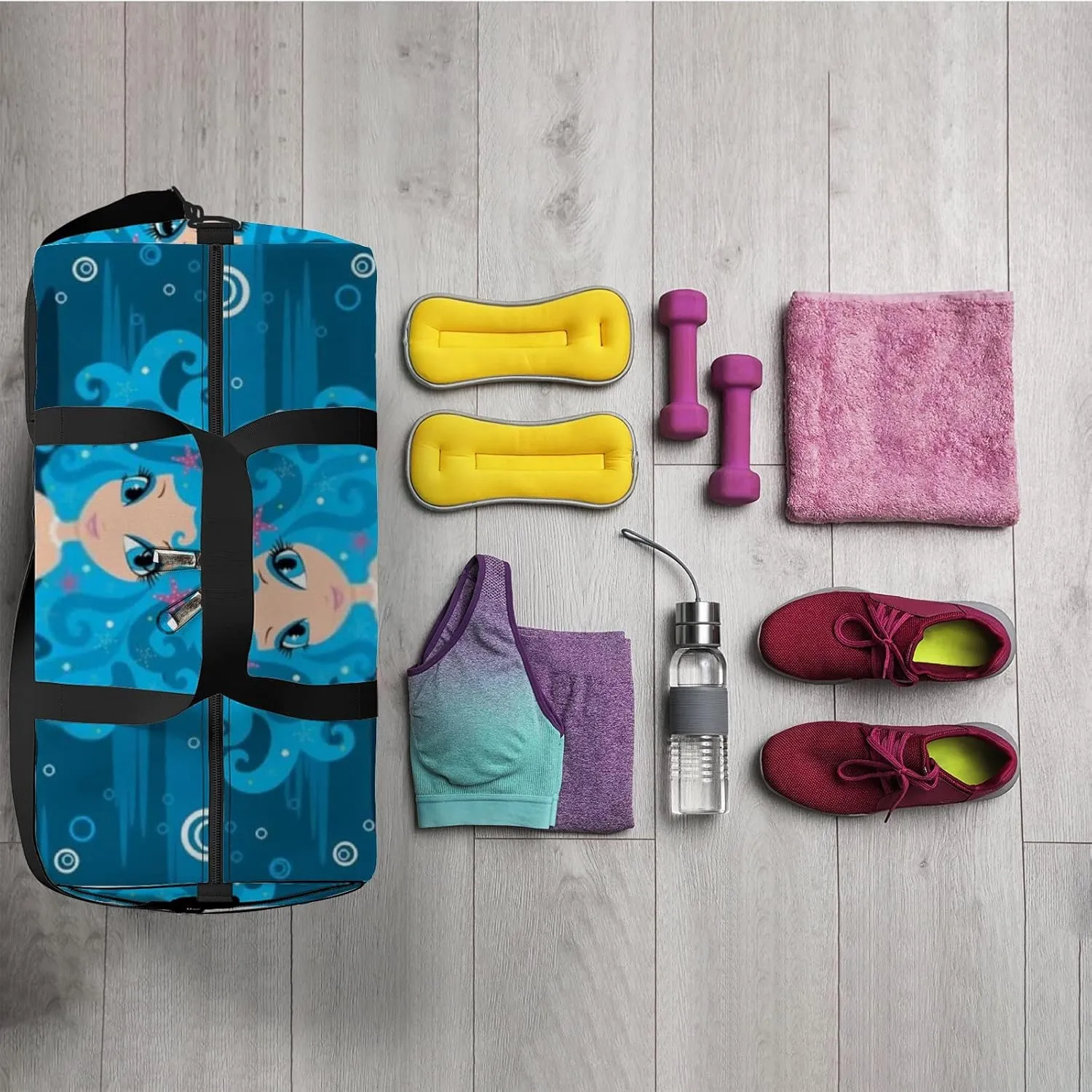 Cute Blue Cartoon Mermaid Sports Bag Tote Bag Waterproof Gym Bag with Shoulder Strap Zipper 2 Side Pockets for Men and Women, Travel and Storage Shoulder Bag.