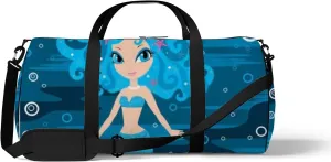 Cute Blue Cartoon Mermaid Sports Bag Tote Bag Waterproof Gym Bag with Shoulder Strap Zipper 2 Side Pockets for Men and Women, Travel and Storage Shoulder Bag.