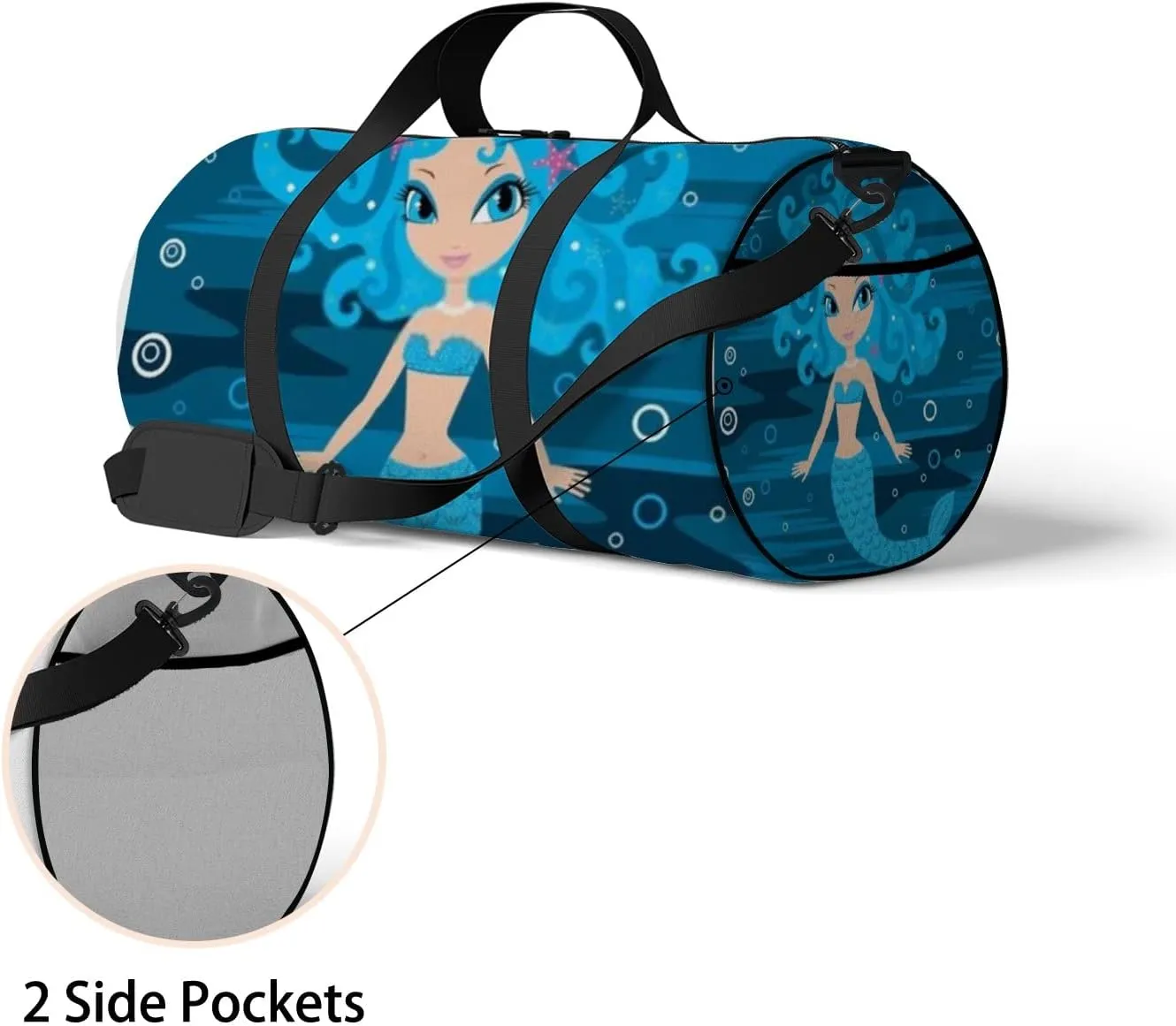 Cute Blue Cartoon Mermaid Sports Bag Tote Bag Waterproof Gym Bag with Shoulder Strap Zipper 2 Side Pockets for Men and Women, Travel and Storage Shoulder Bag.