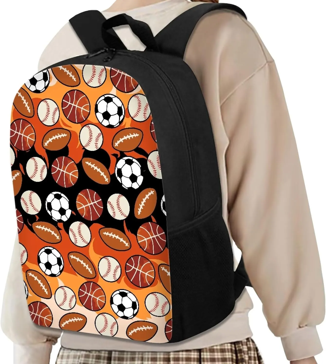 Cute Boys School Red Basketball Baseball Football Backpack for Elementary Student Soft Comfy Bookbag Daypack for Girls Campus Daily Outing Backpack with Side Pocket