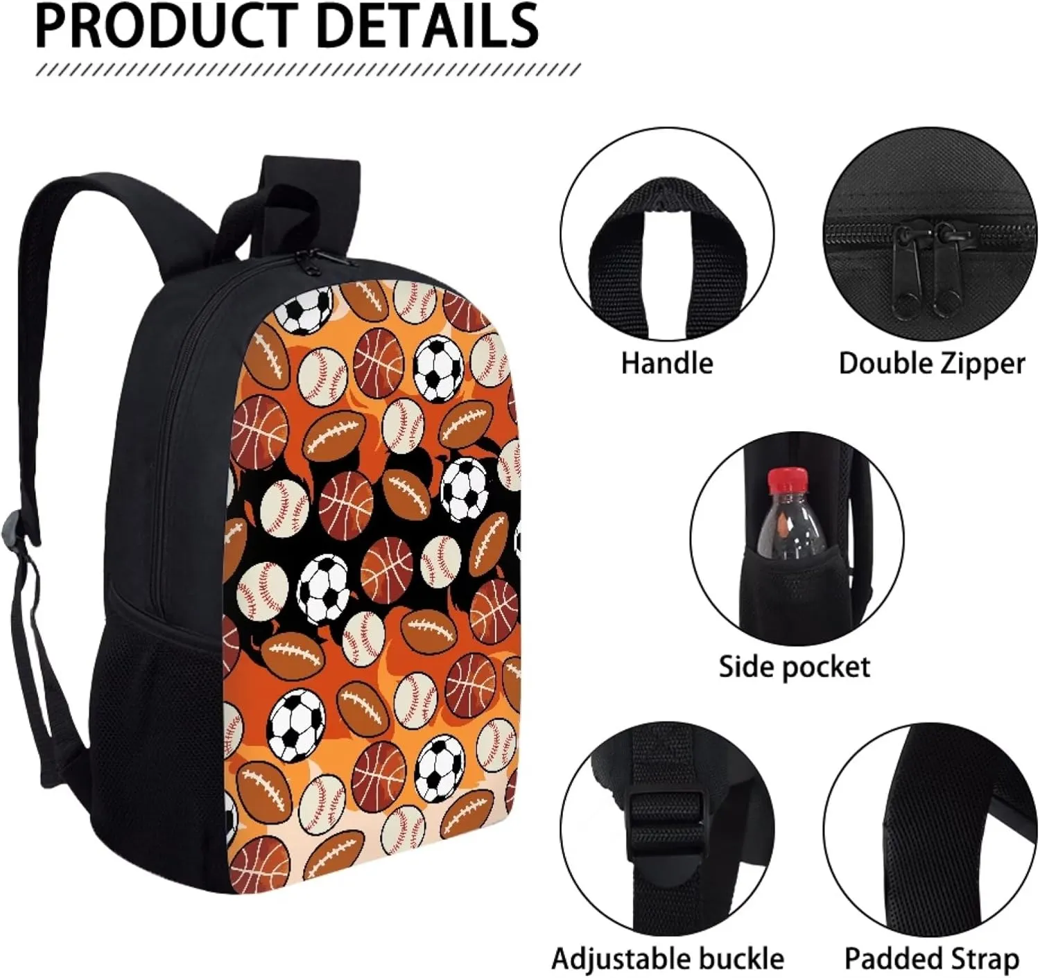 Cute Boys School Red Basketball Baseball Football Backpack for Elementary Student Soft Comfy Bookbag Daypack for Girls Campus Daily Outing Backpack with Side Pocket