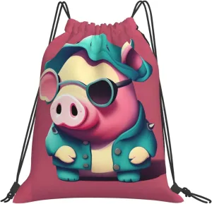 Cute Pig Print Sports Drawstring Backpack,Water Resistant Bag, Gym Backpack for Women Men