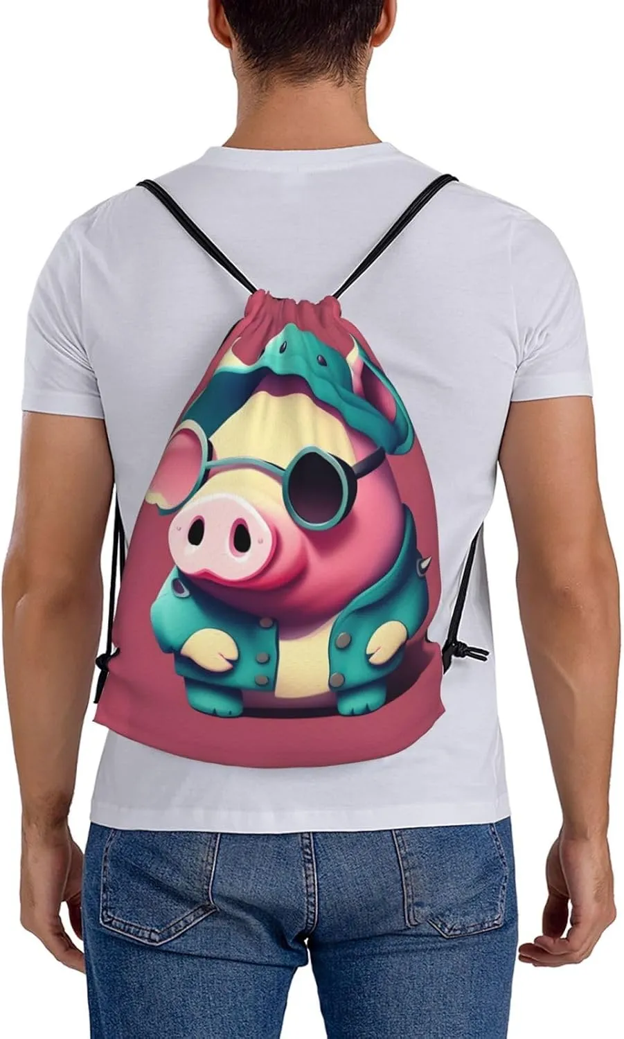 Cute Pig Print Sports Drawstring Backpack,Water Resistant Bag, Gym Backpack for Women Men