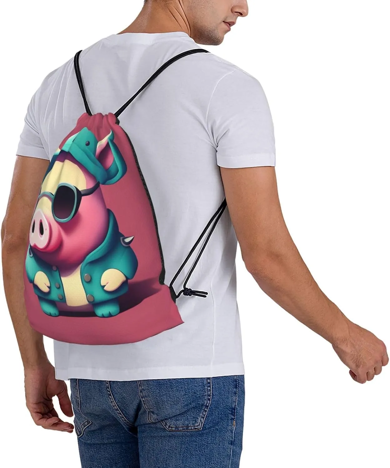 Cute Pig Print Sports Drawstring Backpack,Water Resistant Bag, Gym Backpack for Women Men