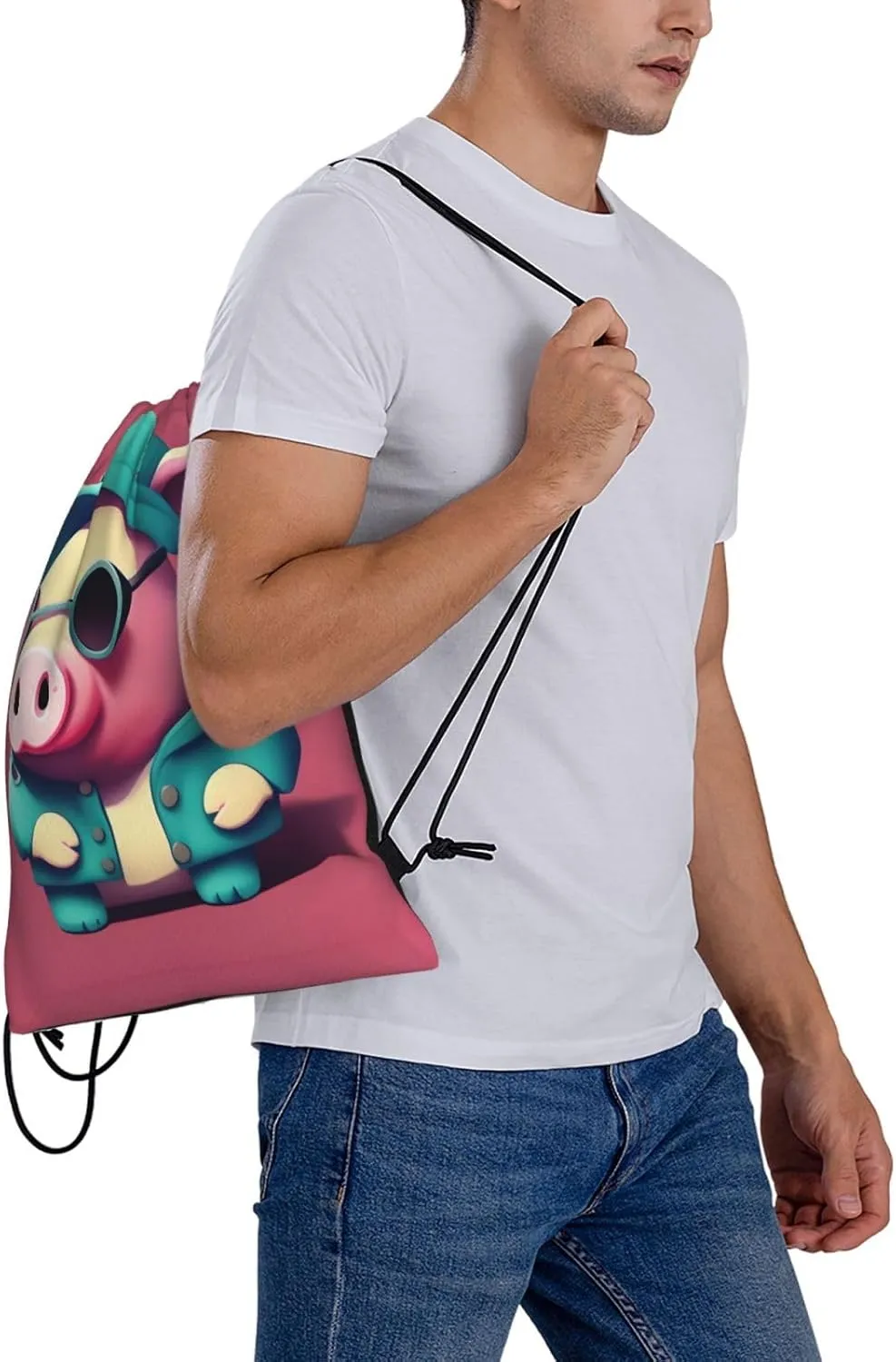 Cute Pig Print Sports Drawstring Backpack,Water Resistant Bag, Gym Backpack for Women Men