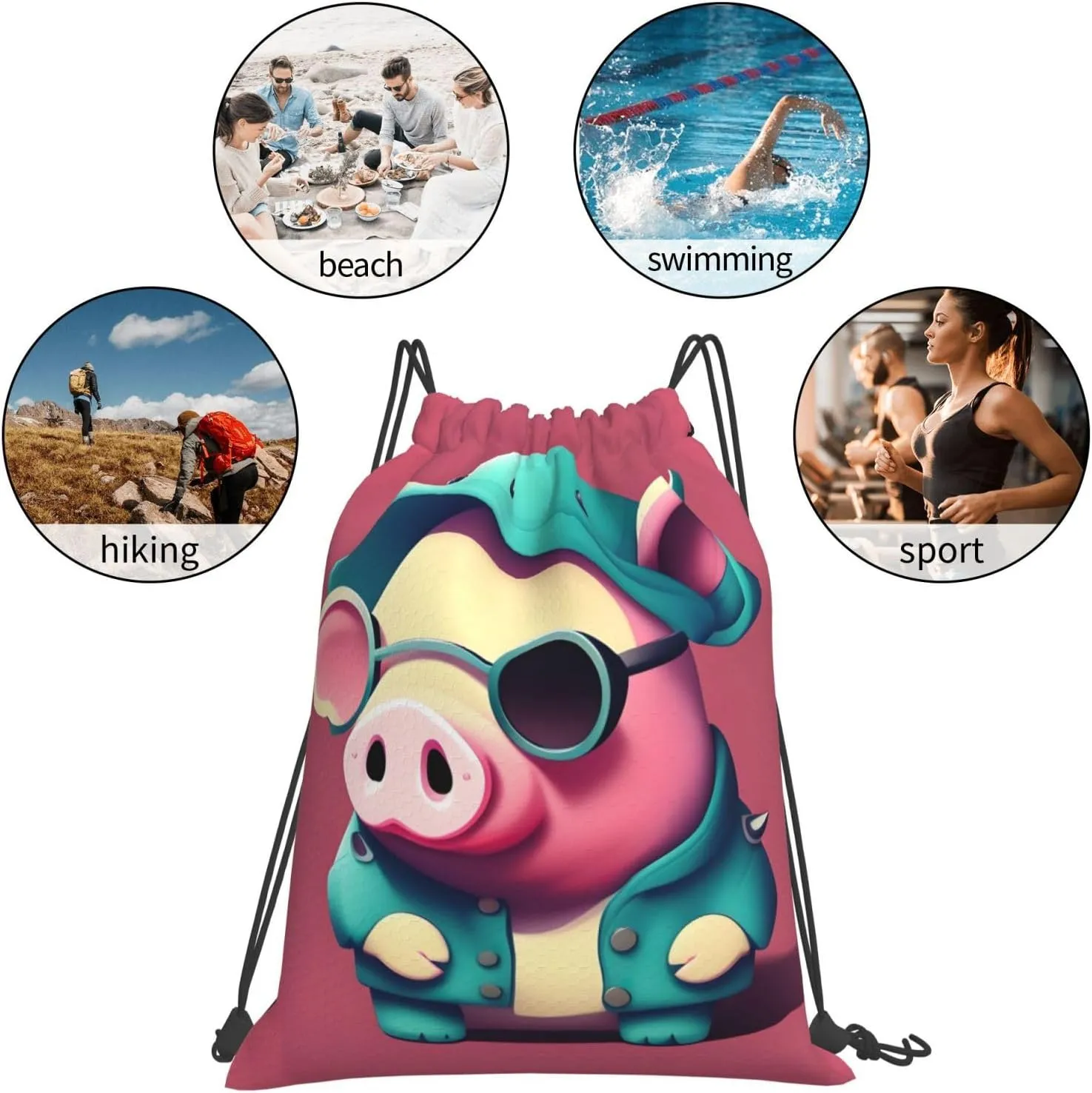 Cute Pig Print Sports Drawstring Backpack,Water Resistant Bag, Gym Backpack for Women Men