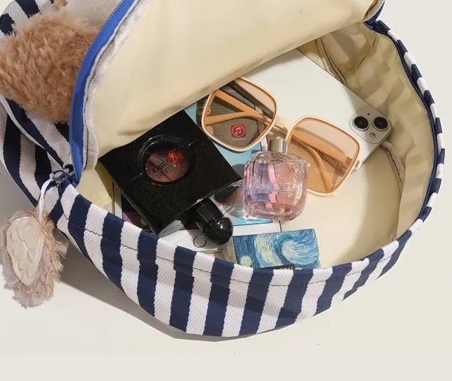 Cute Striped Duffy Plush Face Pocket Schoolbag with Red Beret